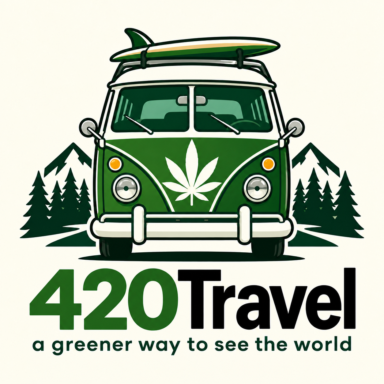 420Travel official logo: green camper van with surfboard, mountains, pine trees and the words a greener way to see the world